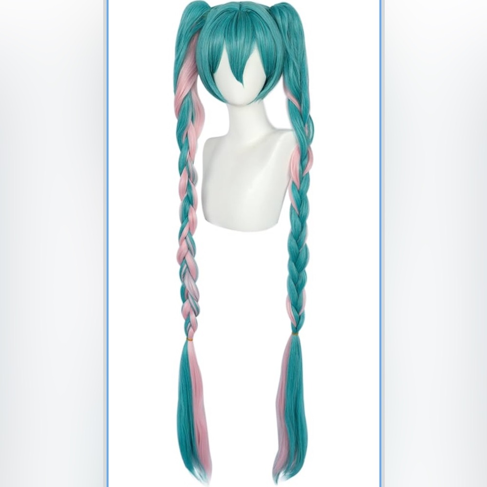 NWT Teal & Pink Ponytail Wig Cosplay with Braids & Bangs Long Straight Synthetic